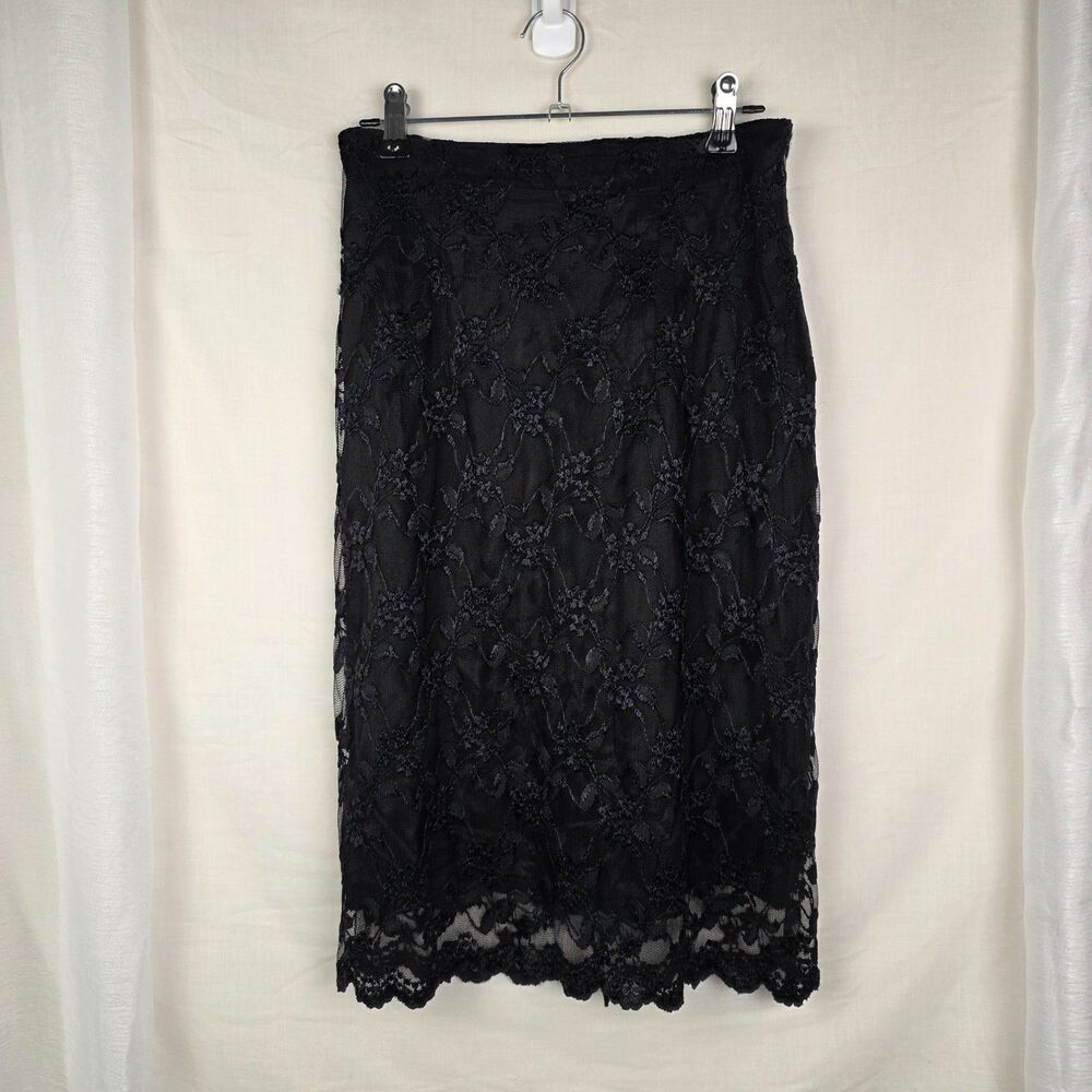 Vintage Black Lacy Goth Whimsigoth Alt Midi Pencil Skirt Dark Romantic